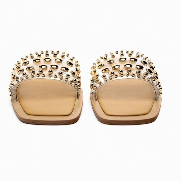ZARA clear slides gold studs sandals 39 fit like size 8.5 - Picture 2 of 12